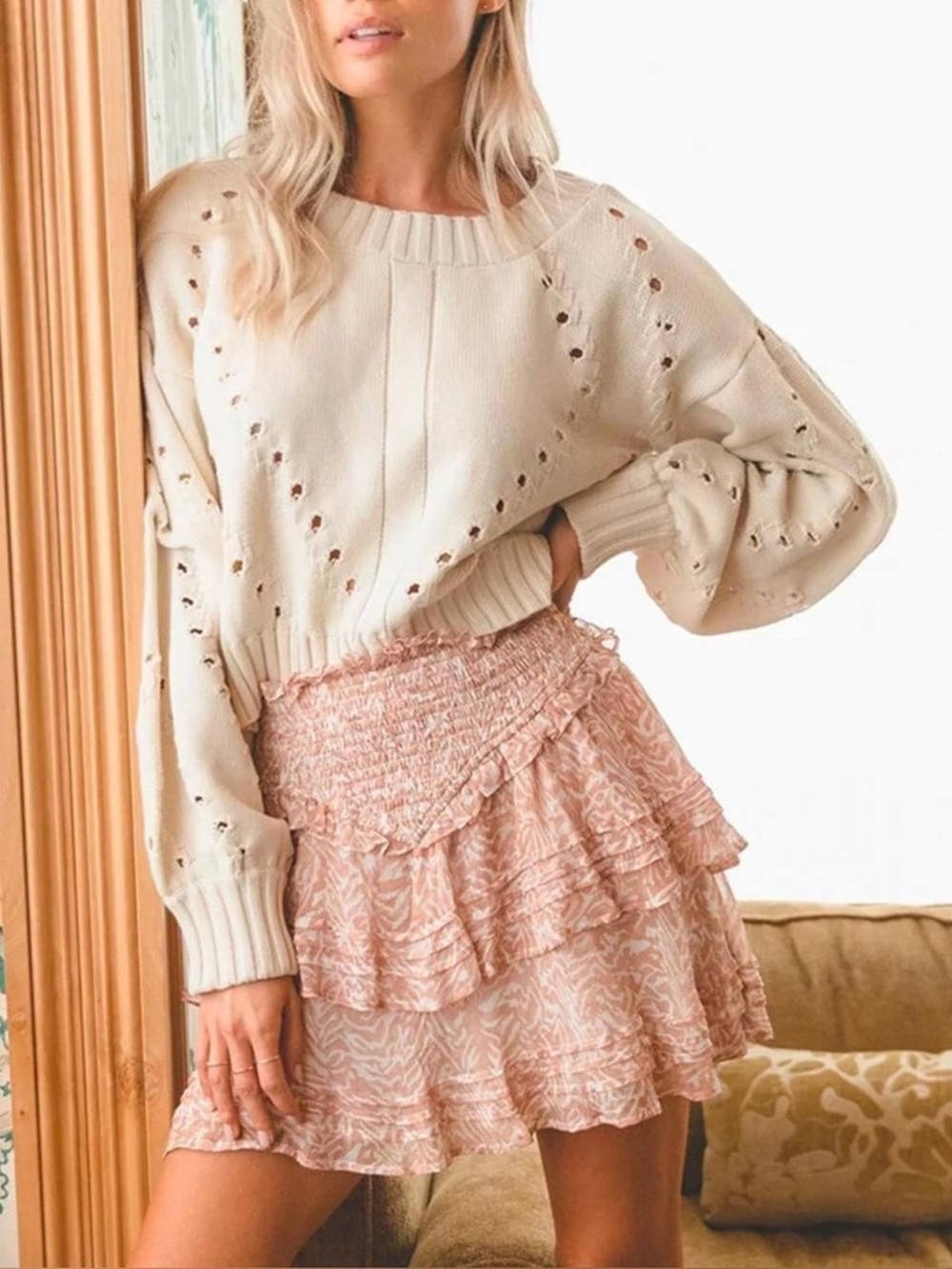 Cleobella Kenna Blush Pink Tiered Zebra Print Ruffle Smocked Mini Skirt